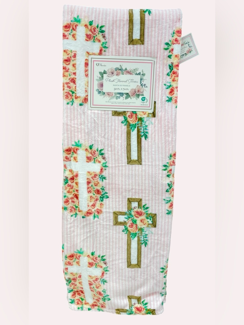 Southern Cross Plush Throw Pink White Hearts Roses Cross Striped  50x70 NEW NWT
